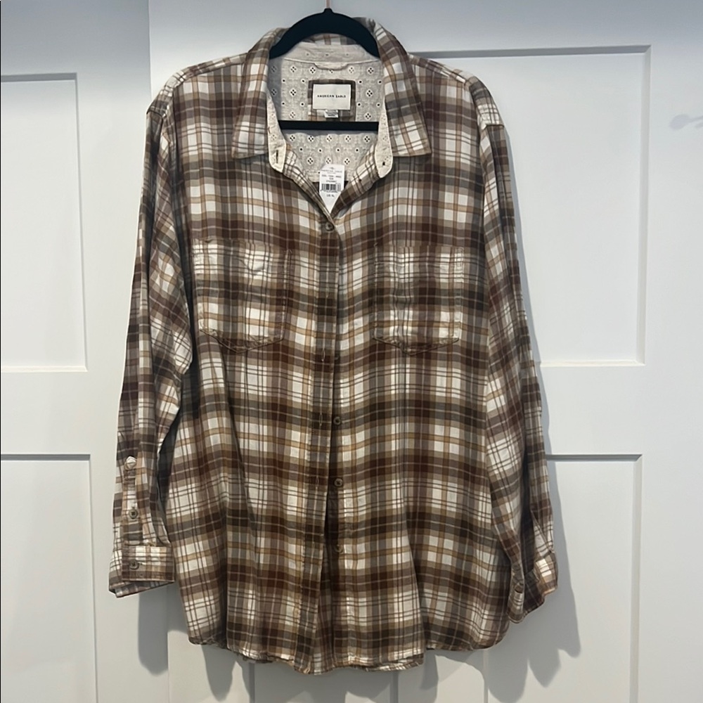 American Eagle Brown Plaid Button-Up Shirt
